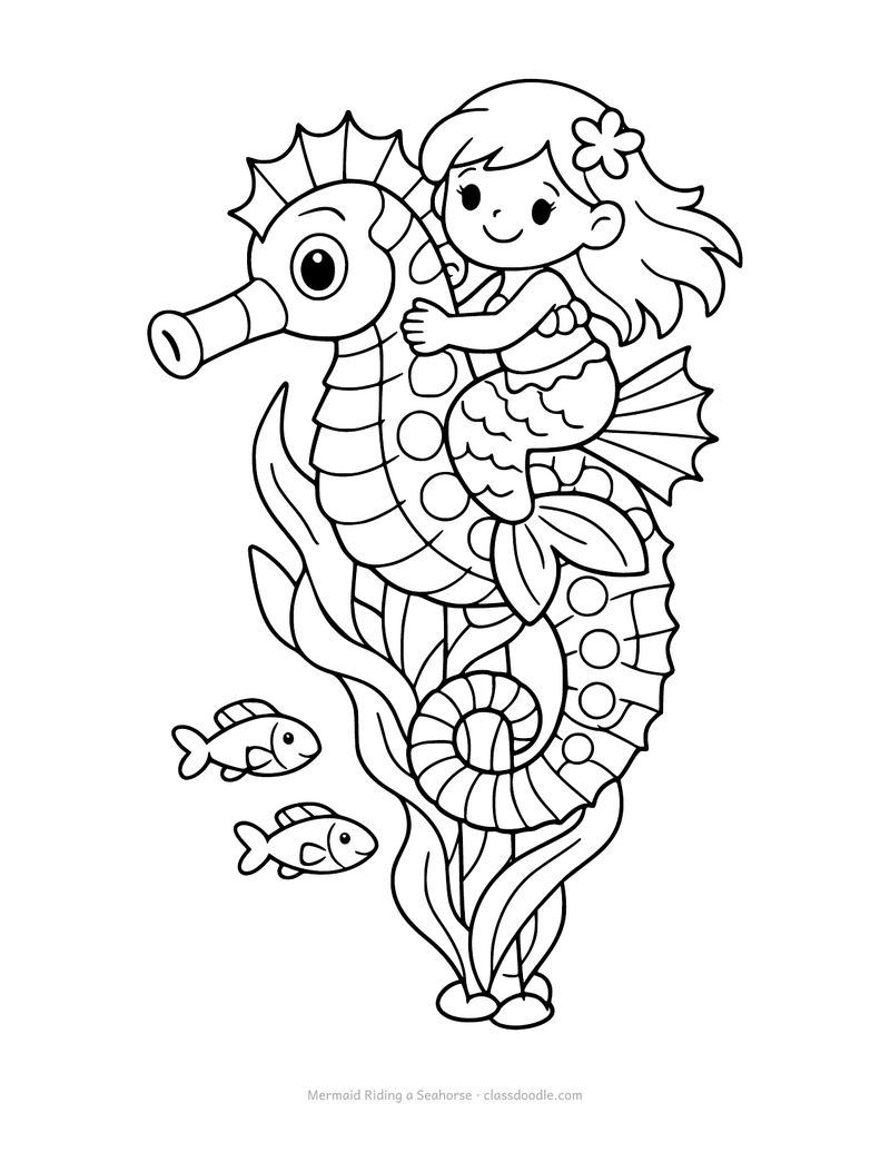 Seahorse coloring page with a mermaid riding a large seahorse
