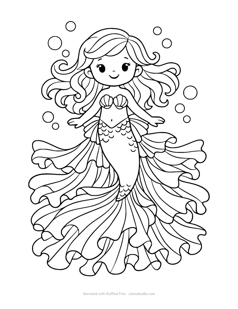 Mermaid coloring page with a tail of long ruffled trailing fins