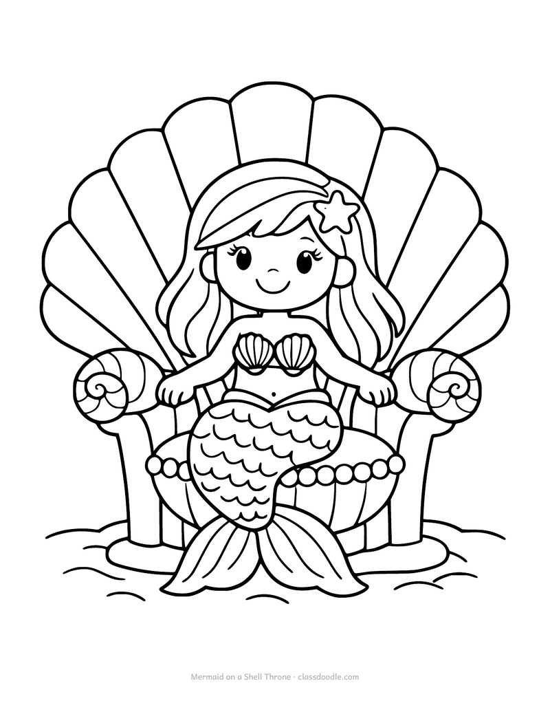 Mermaid coloring page with a mermaid sitting on a giant scallop shell throne