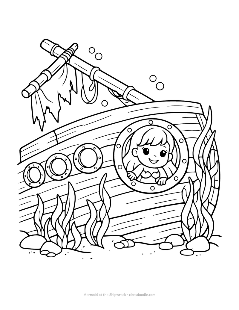 Mermaid coloring page with a mermaid at a sunken shipwreck