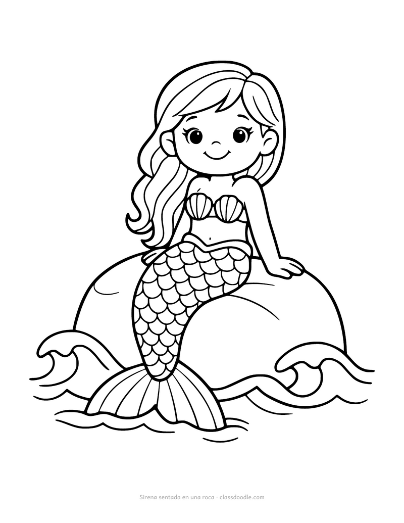 Sirena para colorear sentada en una roca sobre las olas