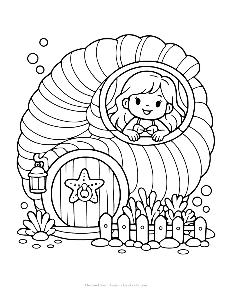Mermaid coloring page with a house made from a giant spiral seashell