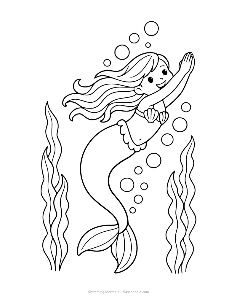 Mermaid coloring page with a mermaid swimming with a trail of bubbles