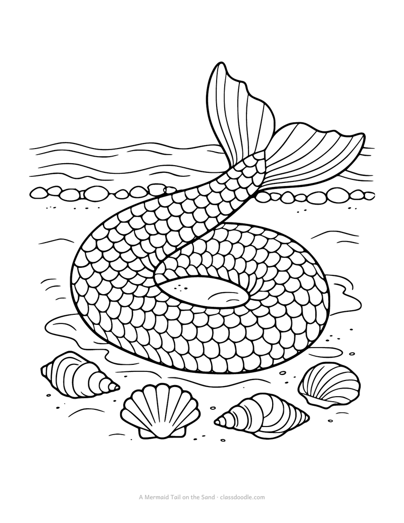 Mermaid tail coloring page with a scaled tail curled on the sand