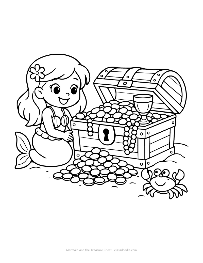 Mermaid coloring page with an open treasure chest full of coins and pearls