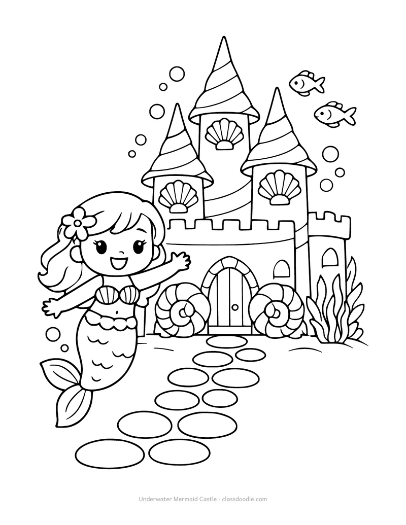 Mermaid castle coloring page with an underwater castle and spiral towers