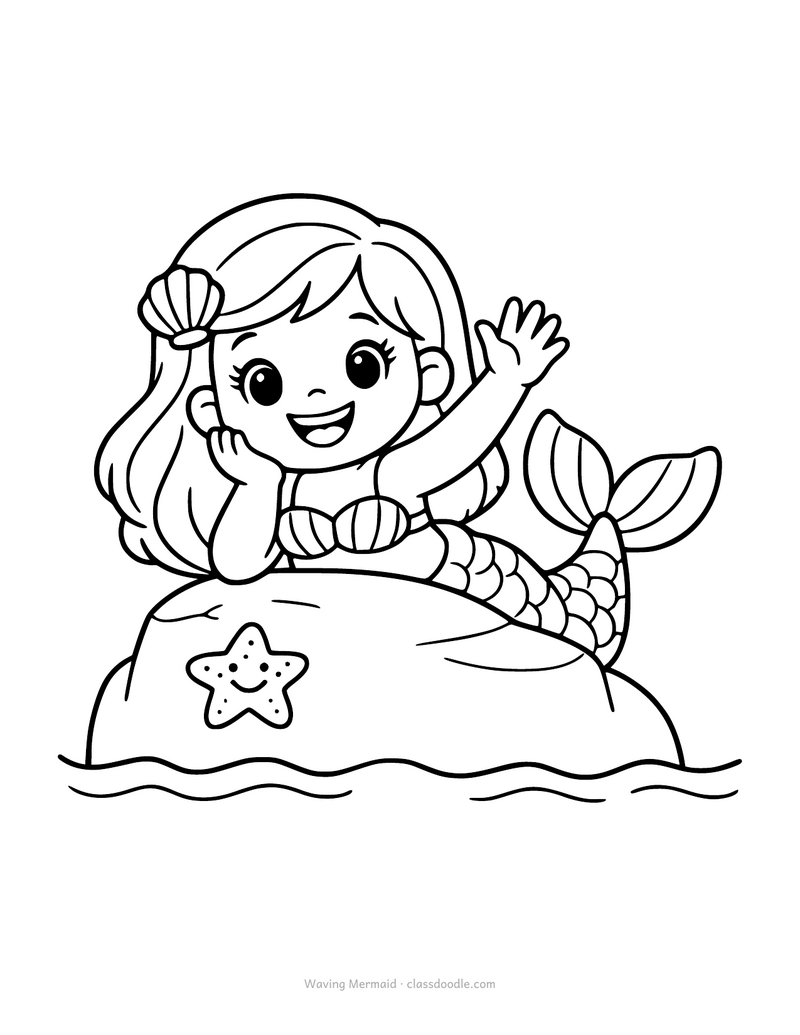 Mermaid coloring page with a mermaid leaning on a rock and waving