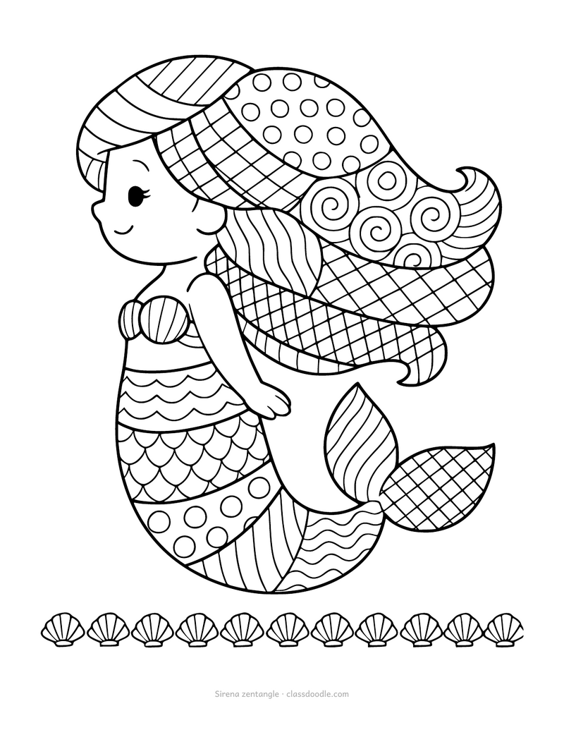 Sirena zentangle para colorear para mayores con paneles de dibujos