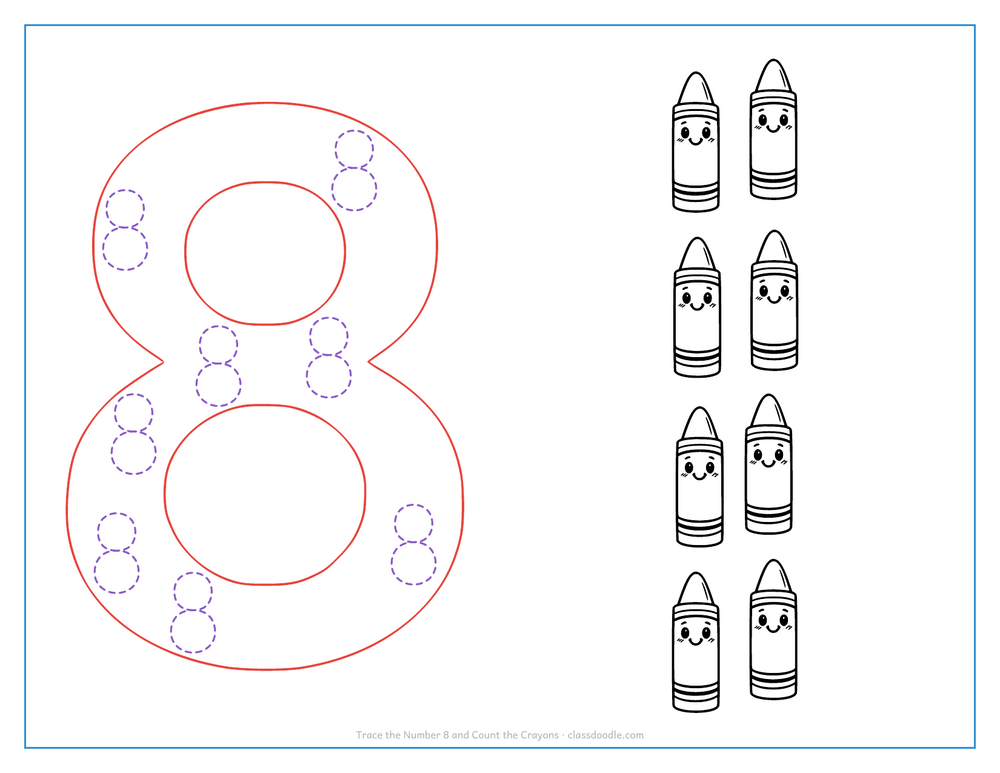 Number tracing worksheet with a hollow number 8 to trace and eight crayons to count