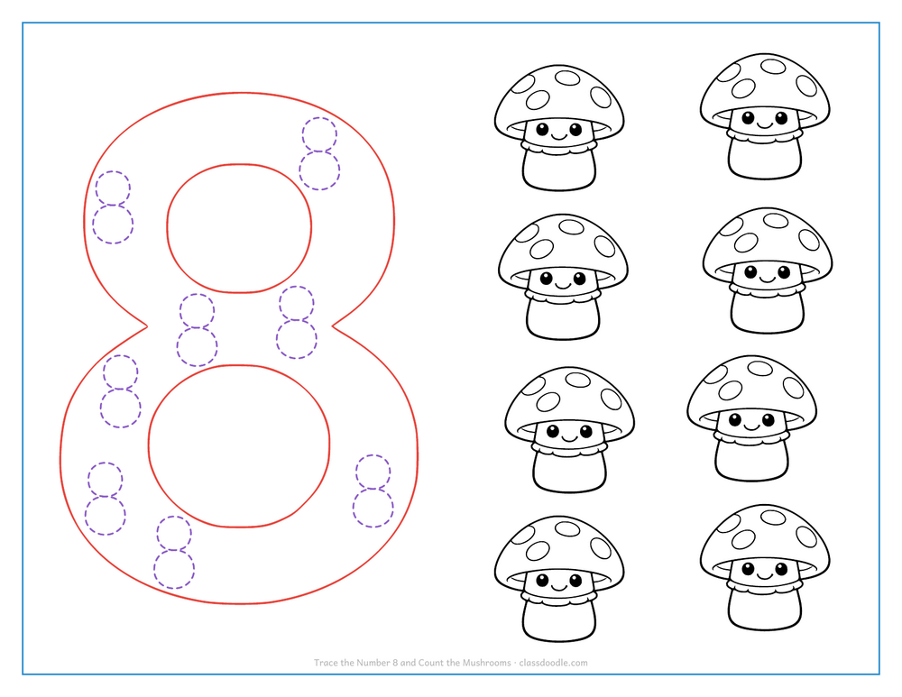 Number tracing worksheet with a hollow number 8 to trace and eight spotted mushrooms to count