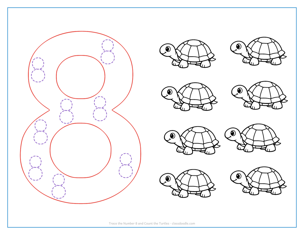 Number tracing worksheet with a hollow number 8 to trace and eight turtles to count