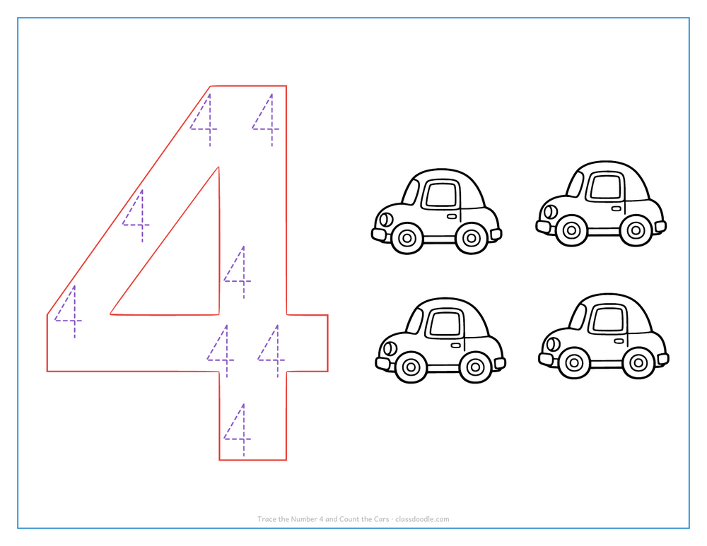 Number tracing worksheet with a hollow number 4 to trace and four toy cars to count
