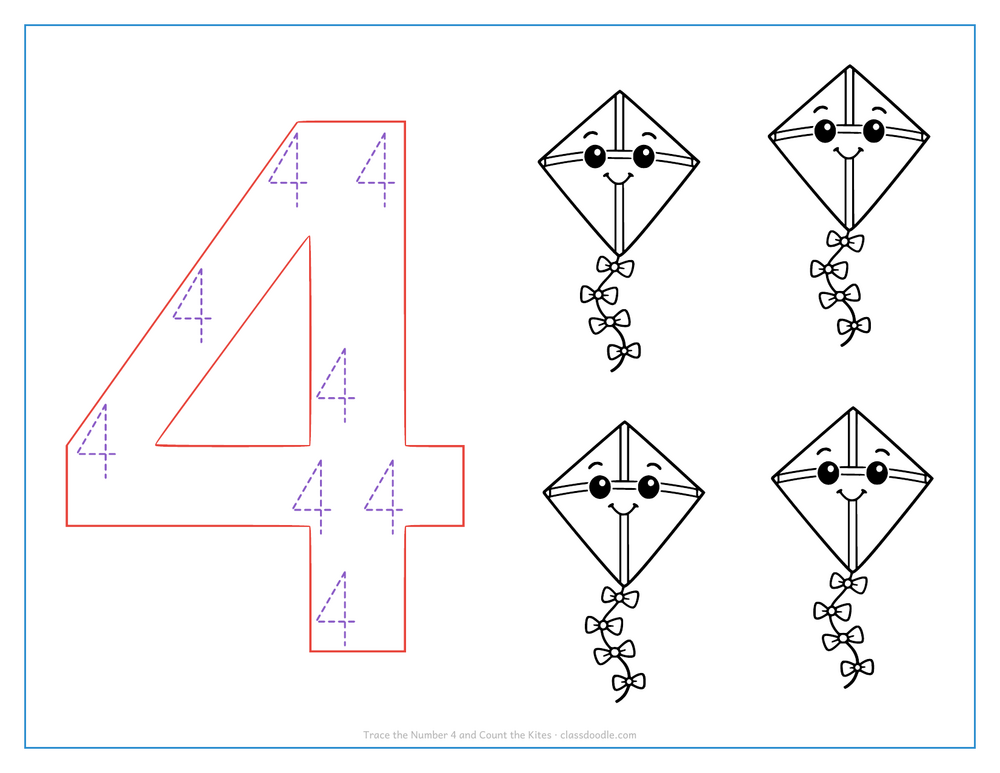 Number tracing worksheet with a hollow number 4 to trace and four kites to count