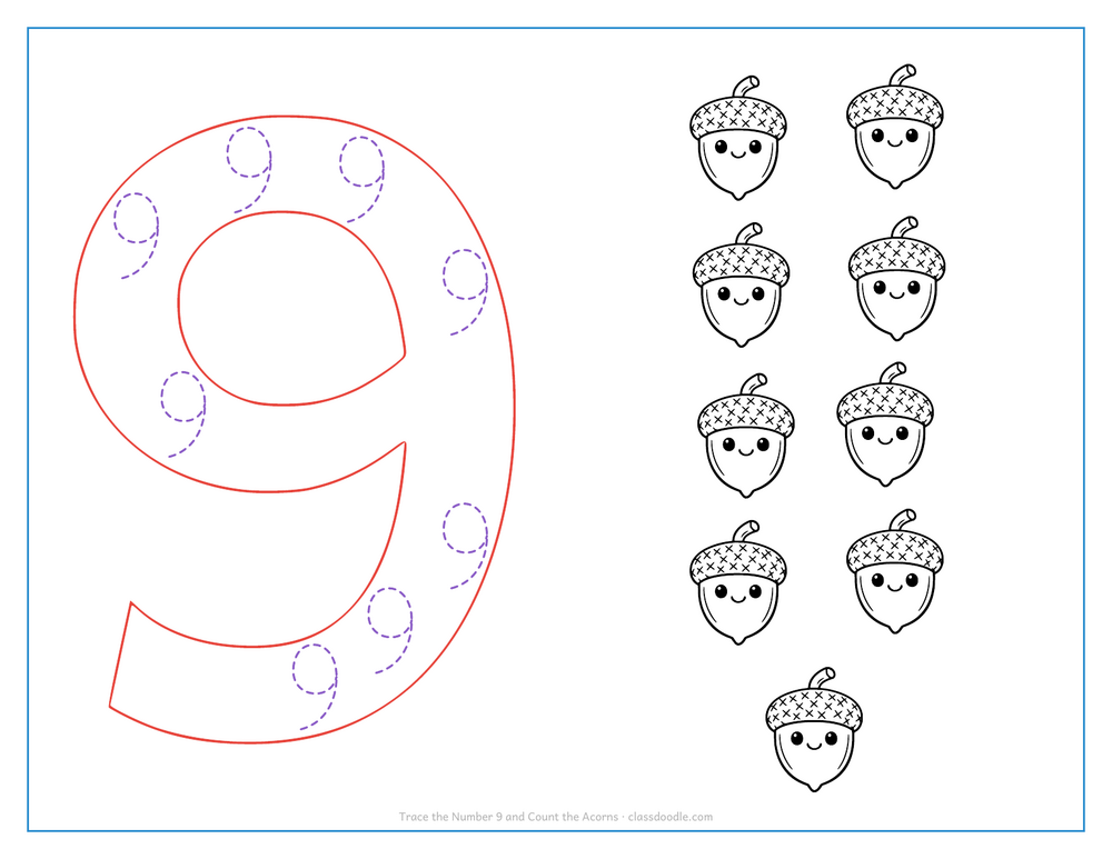 Number tracing worksheet with a hollow number 9 to trace and nine acorns to count