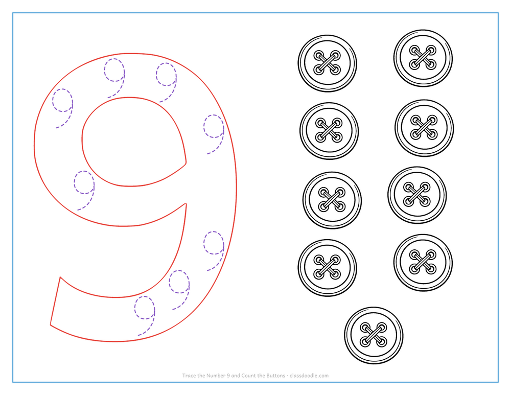 Number tracing worksheet with a hollow number 9 to trace and nine sewing buttons to count