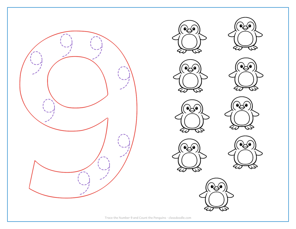 Number tracing worksheet with a hollow number 9 to trace and nine penguins to count