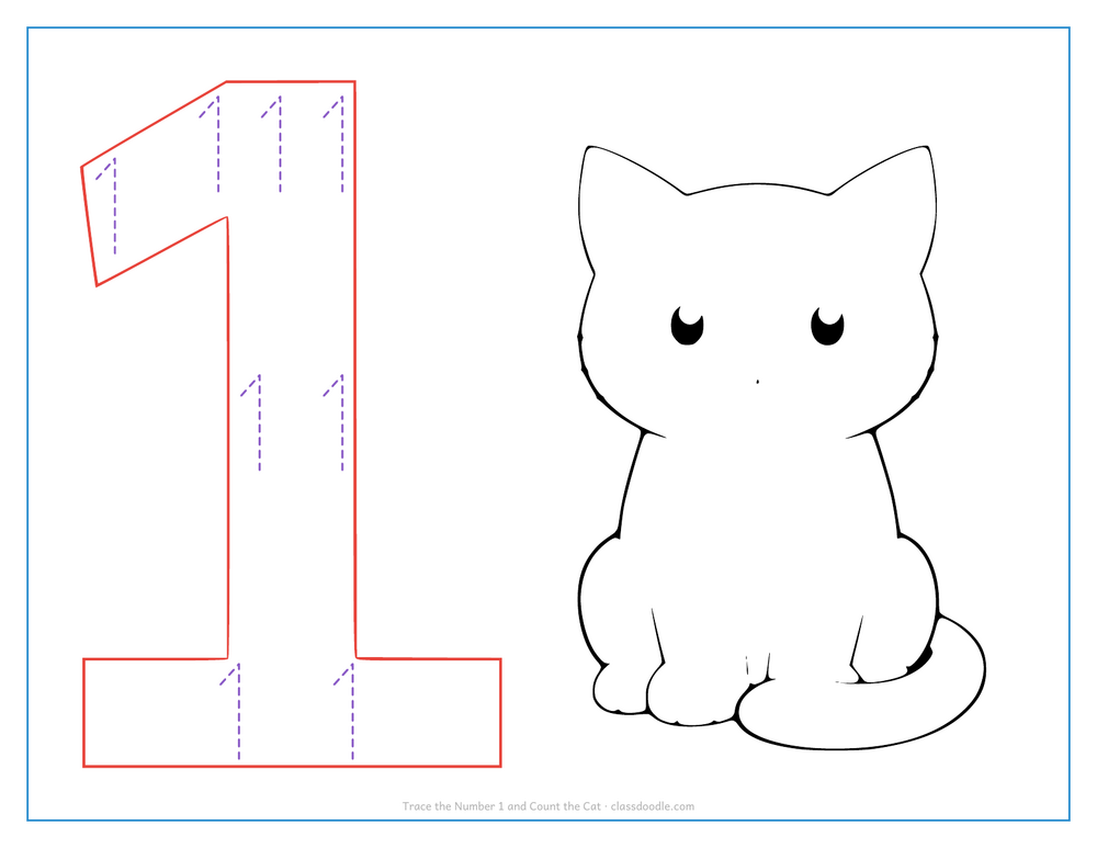 Number tracing worksheet with a hollow number 1 to trace and one seated cat to count