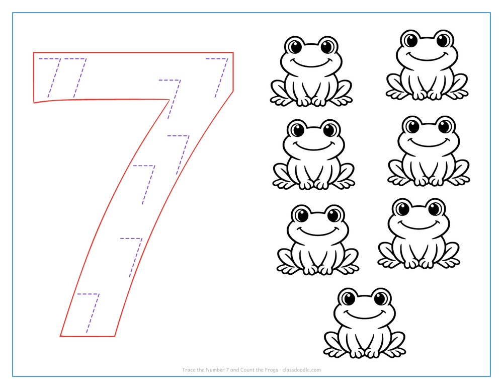 Number tracing worksheet with a hollow number 7 to trace and seven sitting frogs to count