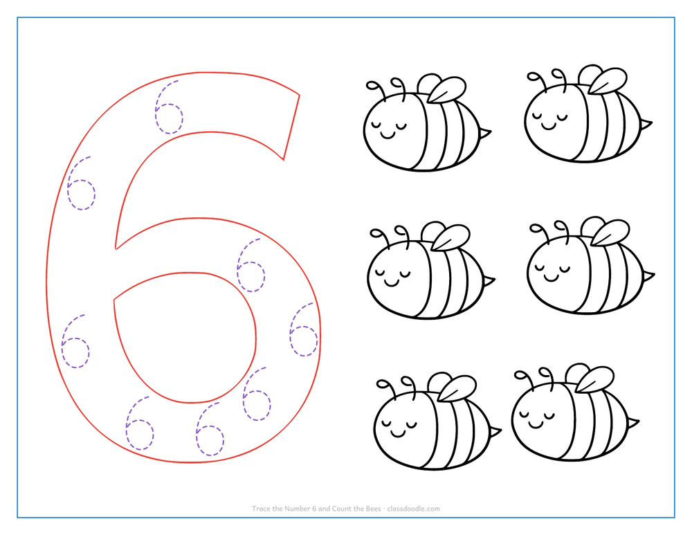 Number tracing worksheet with a hollow number 6 to trace and six bumble bees to count