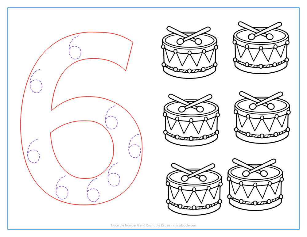 Number tracing worksheet with a hollow number 6 to trace and six toy drums to count