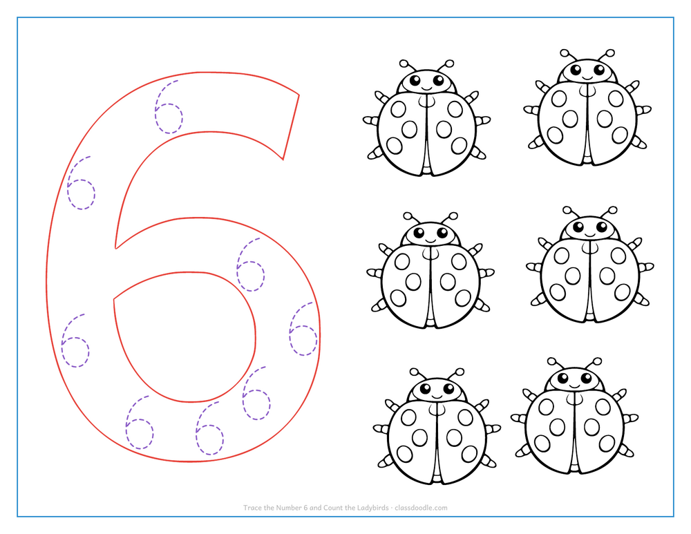 Number tracing worksheet with a hollow number 6 to trace and six spotted ladybirds to count