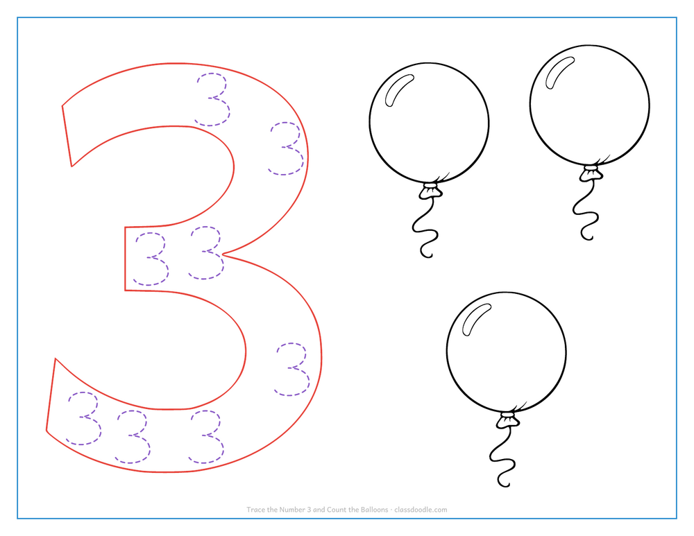 Number tracing worksheet with a hollow number 3 to trace and three balloons to count