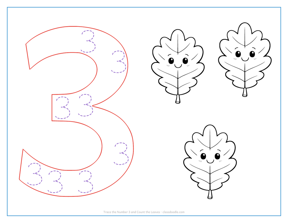 Number tracing worksheet with a hollow number 3 to trace and three oak leaves to count