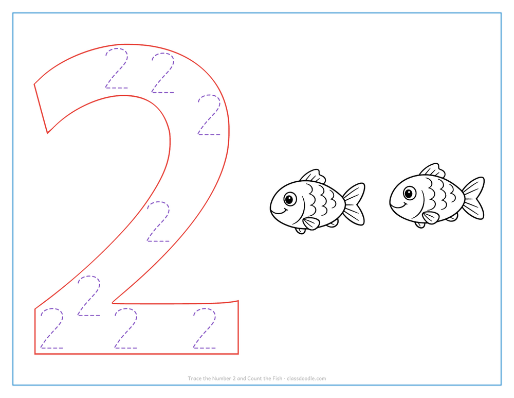 Number tracing worksheet with a hollow number 2 to trace and two fish to count