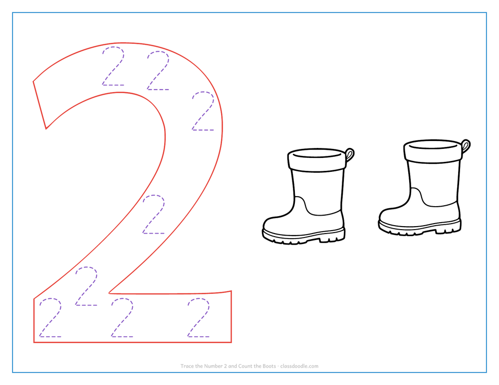 Number tracing worksheet with a hollow number 2 to trace and two rain boots to count