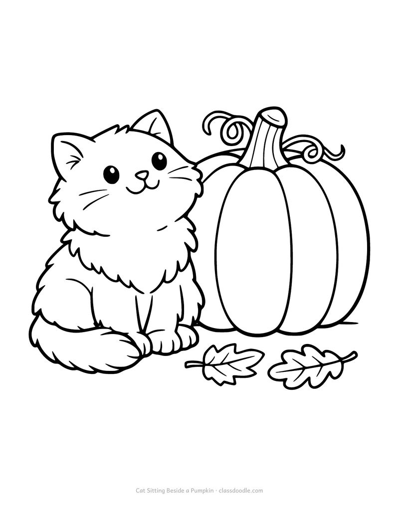 Pumpkin and cat coloring page with a fluffy cat sitting beside a pumpkin