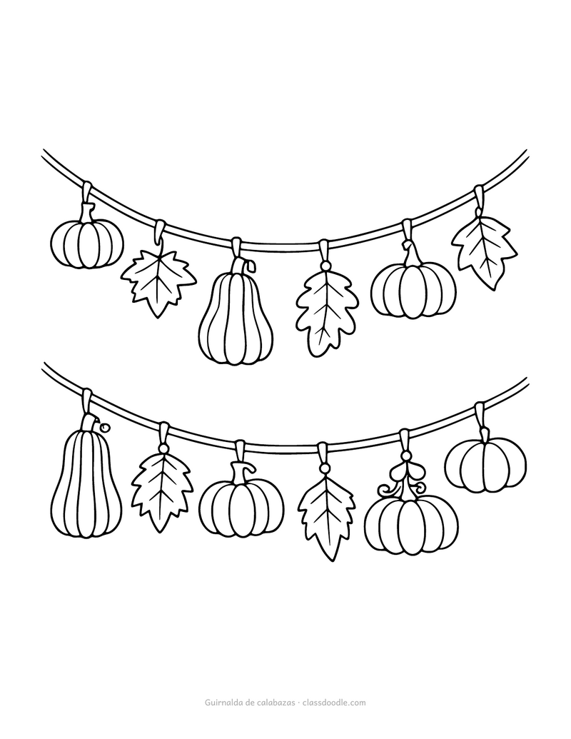 Calabazas para colorear en una guirnalda con hojas de otoño