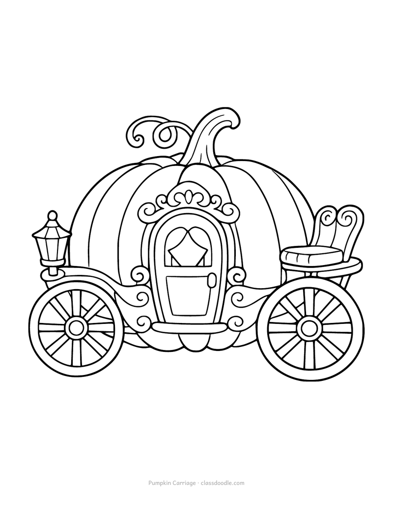 Pumpkin carriage coloring page with spoked wheels and a curved door