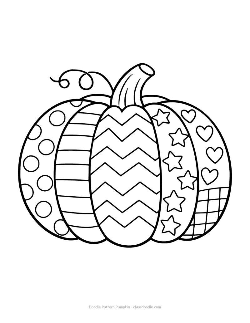 Pumpkin coloring page with dots, stripes, stars and checks in each rib
