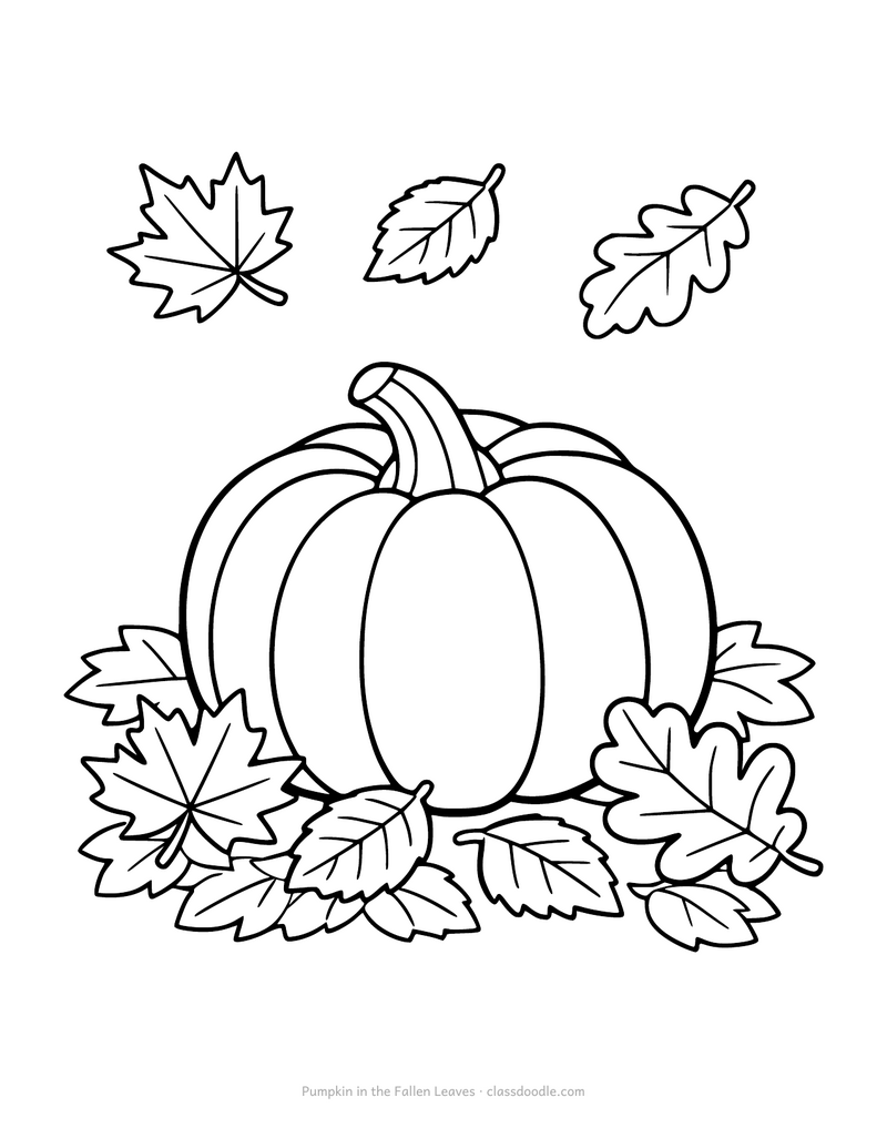 Fall pumpkin coloring page with a pumpkin surrounded by autumn leaves