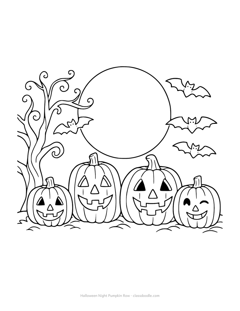 Halloween pumpkin coloring page with four jack o lanterns, bats and a full moon