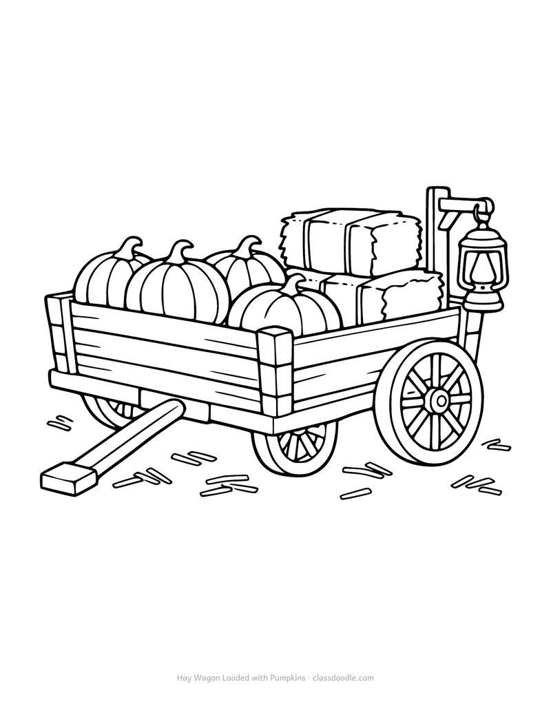 Pumpkin coloring page with a farm wagon carrying pumpkins and hay bales