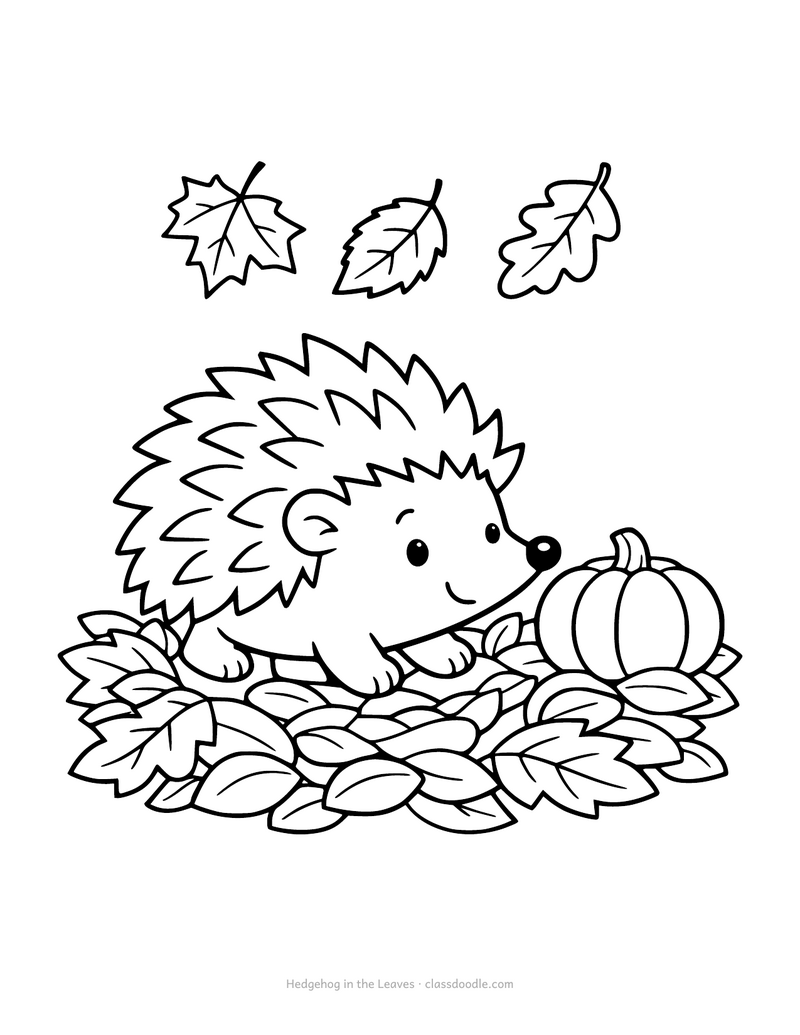 Pumpkin coloring page with a hedgehog walking through fallen autumn leaves