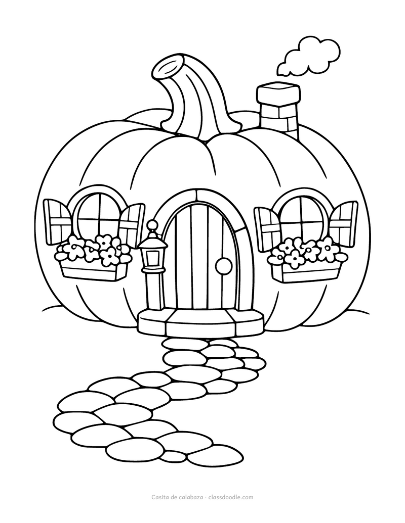 Calabaza para colorear detallada con forma de casita con puerta y ventanas