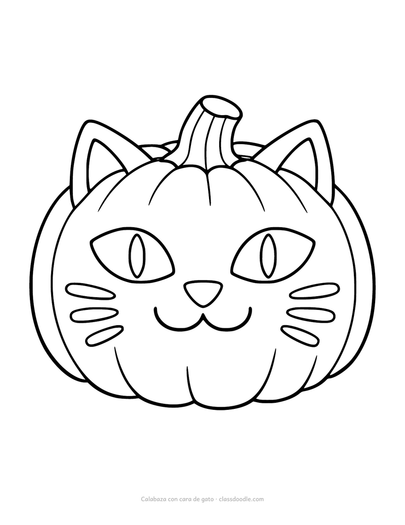 Calabaza para colorear tallada con cara de gato, orejas y bigotes
