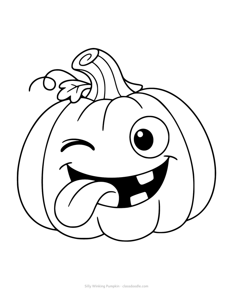 Funny pumpkin coloring page with a winking jack o lantern sticking its tongue out