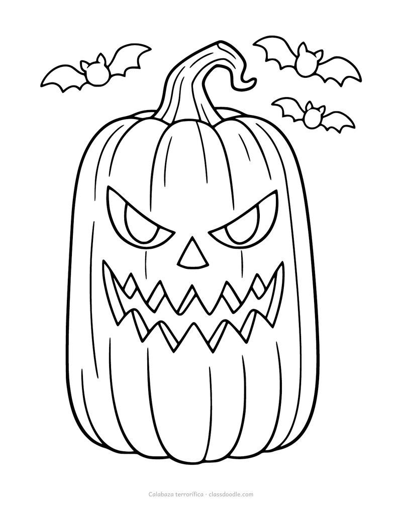 Calabaza para colorear terrorífica con farol de Halloween y murciélagos