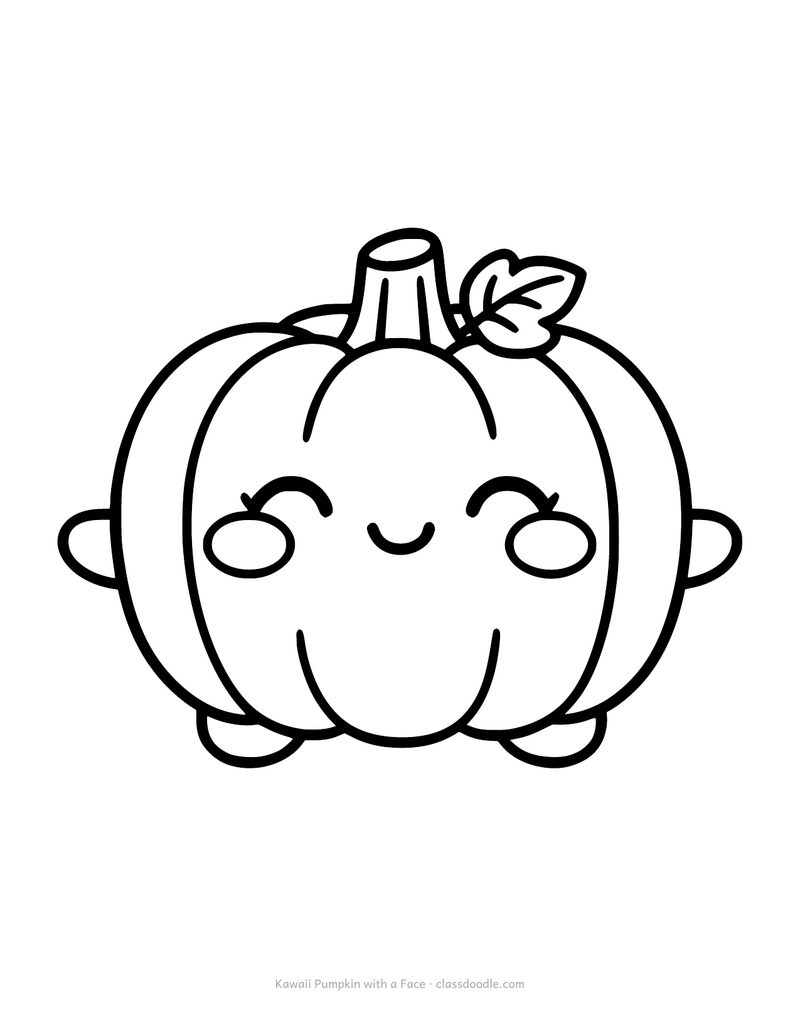 Cute pumpkin coloring page with a kawaii face, blushing cheeks and little arms