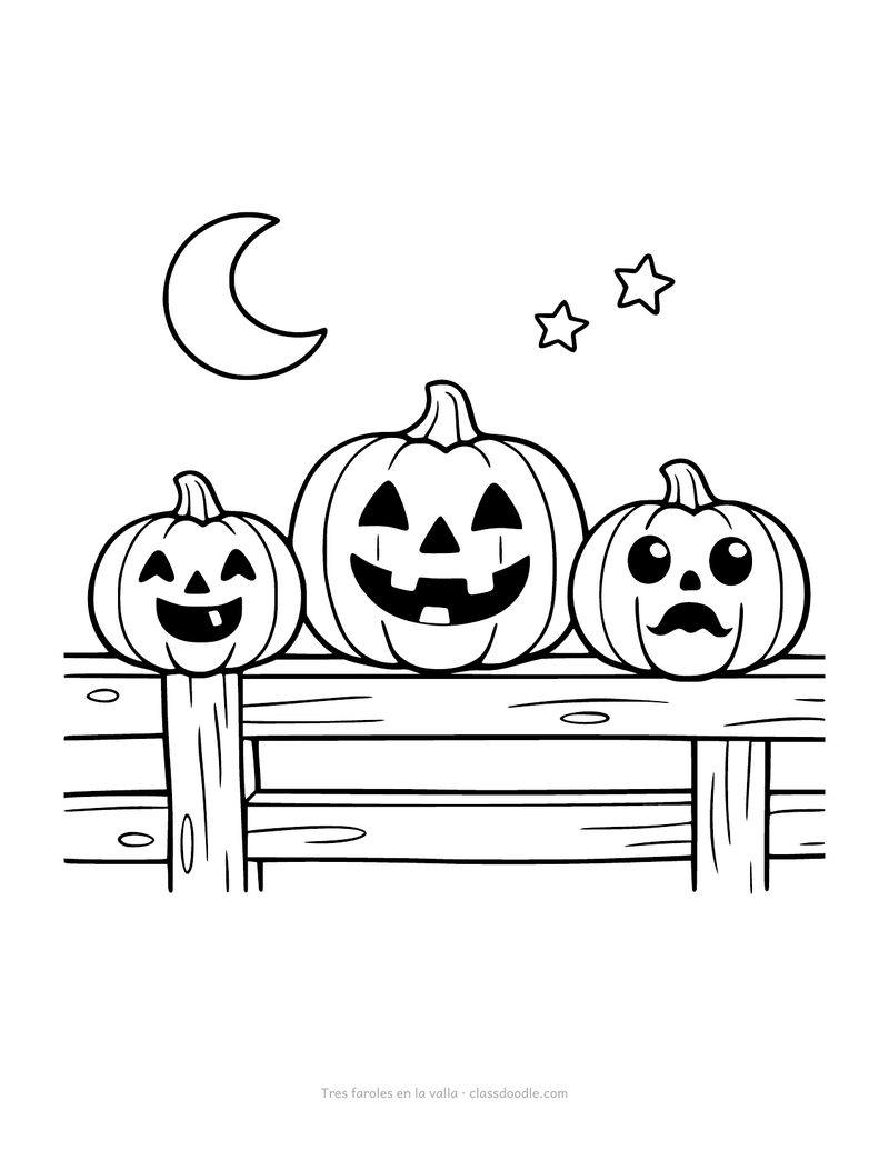 Faroles de calabaza para colorear con tres calabazas talladas en una valla