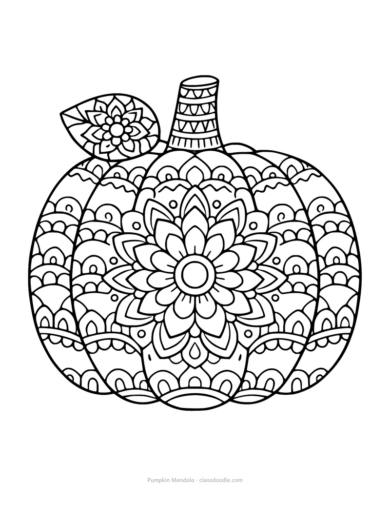 Pumpkin mandala coloring page with symmetrical petals inside each rib
