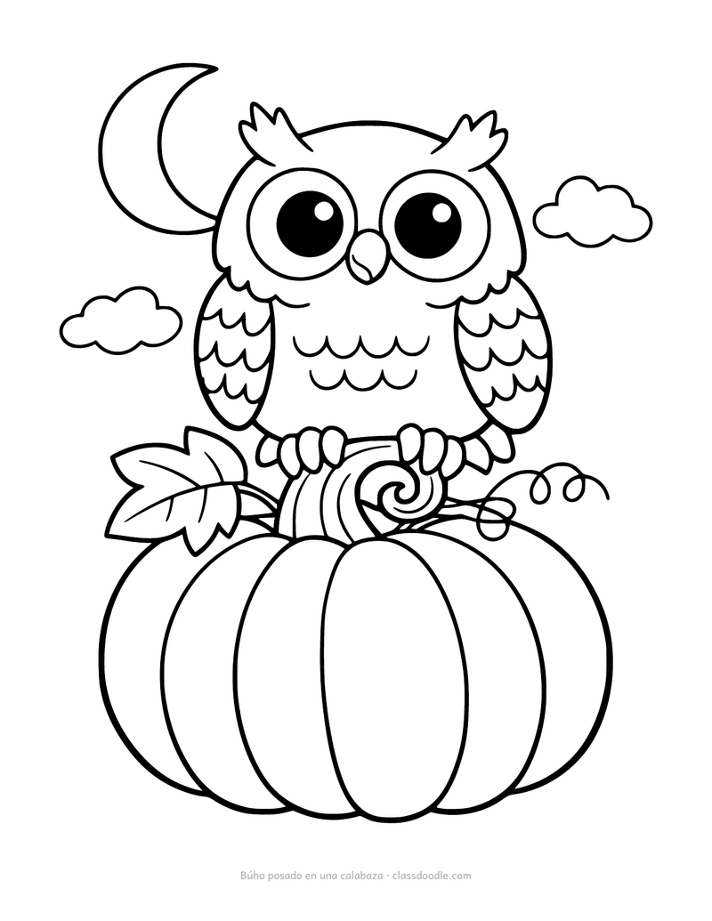 Calabaza para colorear con un búho posado encima