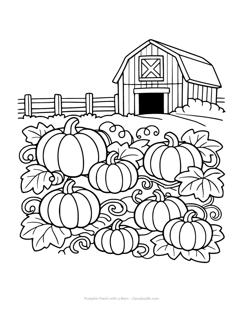 Pumpkin patch coloring page with seven pumpkins, vines and a barn