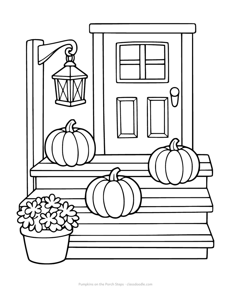 Pumpkin coloring page with pumpkins on wooden porch steps and a lantern