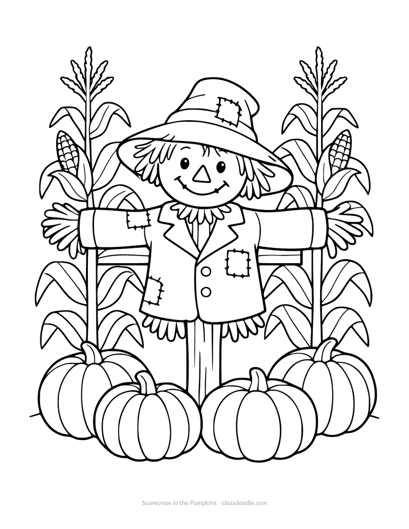Scarecrow coloring page with a straw scarecrow standing among pumpkins