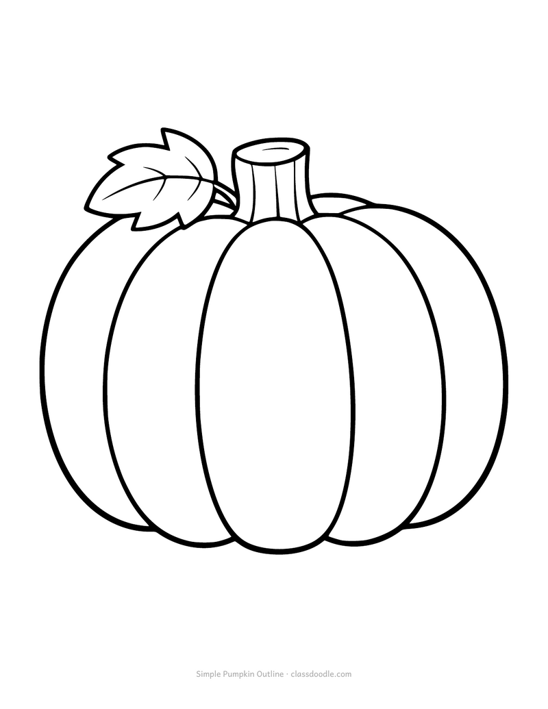 Simple pumpkin outline coloring page with five ribs and a leaf