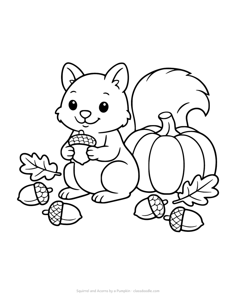 Pumpkin coloring page with a squirrel holding an acorn beside a pumpkin